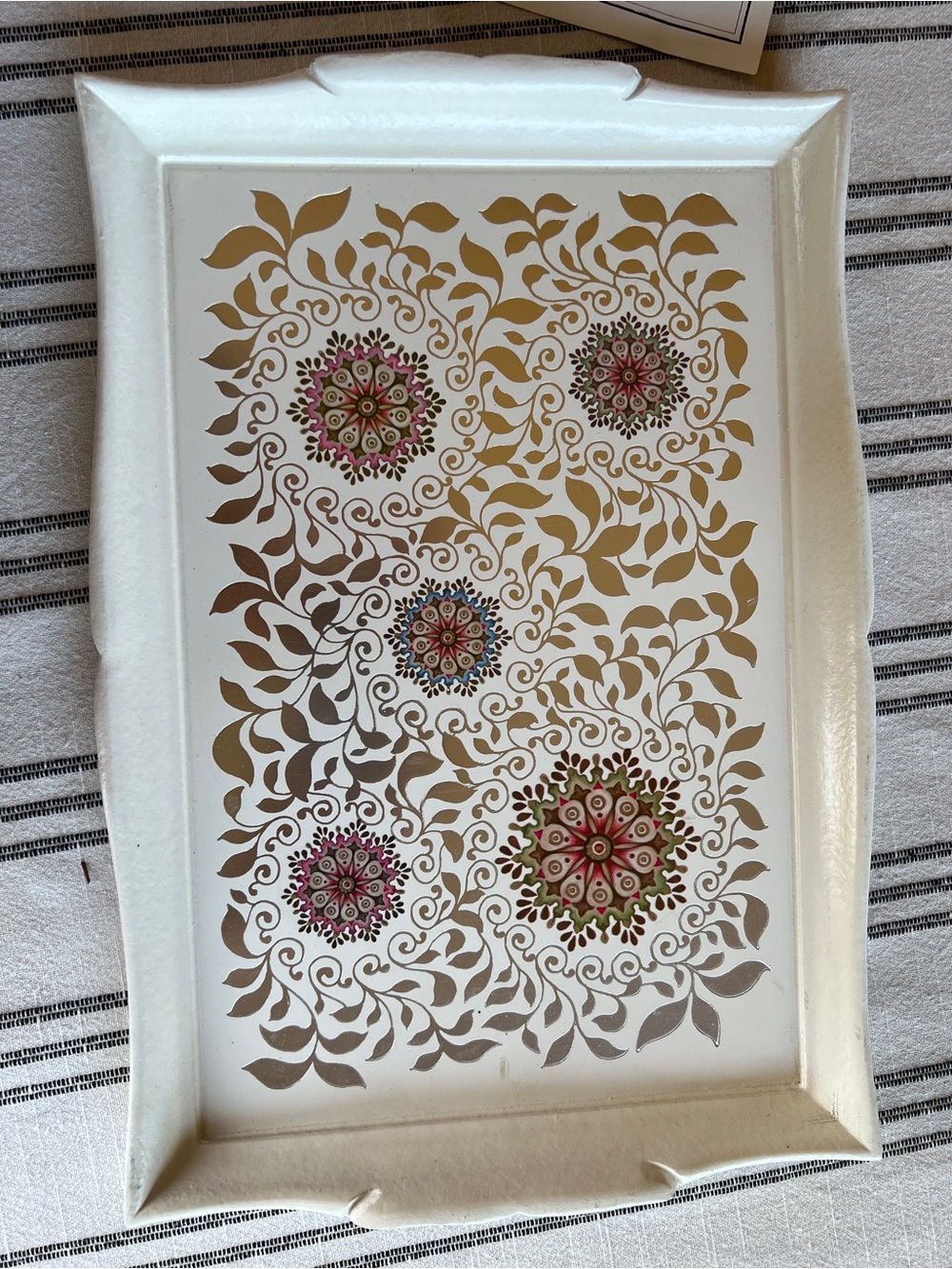 White and Gold Floral Mandala Serving Tray - Home Wall Decor. Italian made